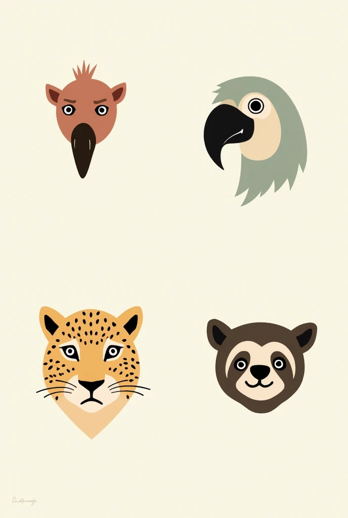 I want 4 very simple 2D colored drawings of an anteater's face, a parrot face, a jaguar face and a sloth face