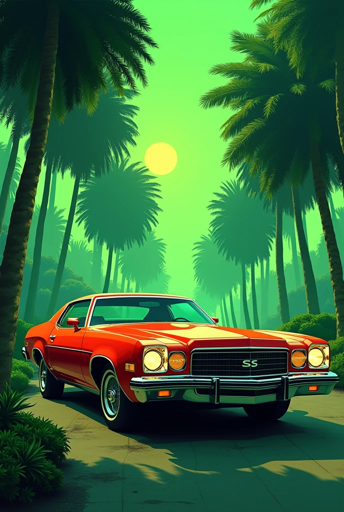 G - funk album cover, car comes out, green background, old school feeling