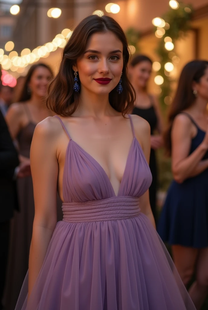 30 year old woman at wedding party. Wear a lilac tulle dress with a medium neckline, marked waist and wide skirt. Large oval shaped dark blue ceramic earrings. Light makeup with burgundy lipstick. Woman has fair skin, is fat, brown hair tied up in a hairstyle. Secure dark blue clutch style bag