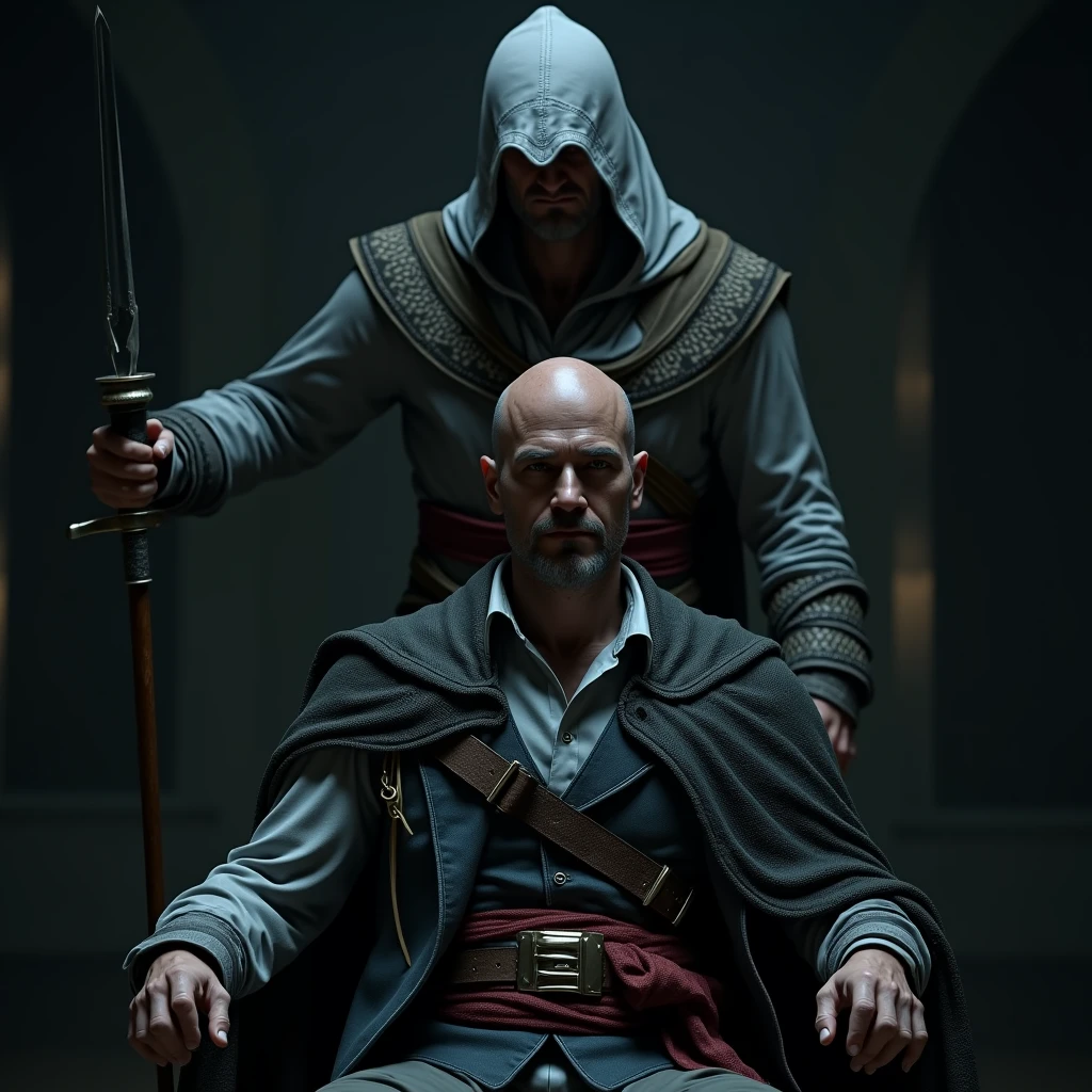 homme chauve asis avec un assassin's creed debout derriere lui avec sa lame secrete
