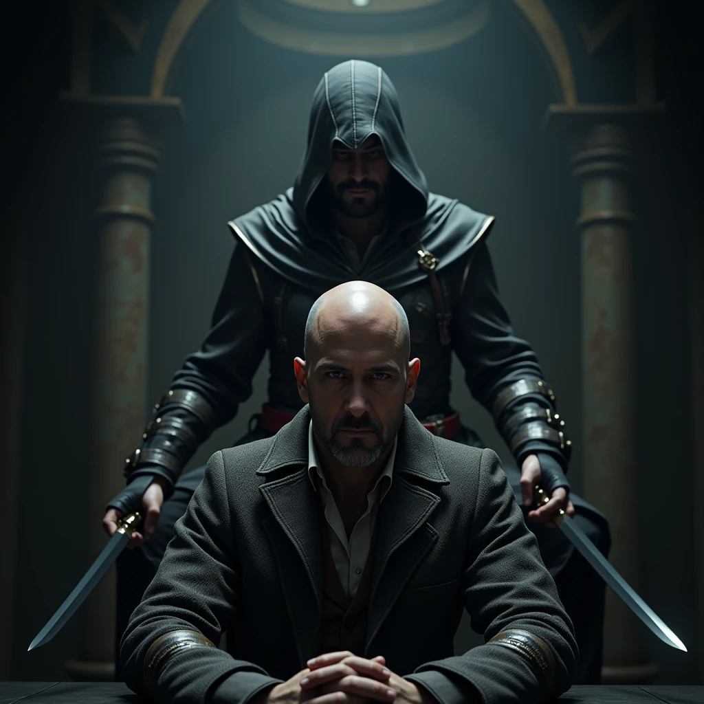 homme chauve asis avec un assassin's creed debout derriere lui avec sa lame secrete