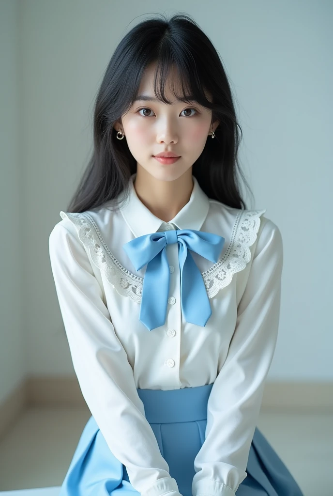 masterpiece, photorealistic, 8K, ultra high resolution, Long shot profile portrait photo of a beautiful cute girl, shot Knee to head, black medium straight hair, small nose, small mouth, Japanese idol, 50mm portrait, single stage lighting, Top: white blouse, gorgeous lace, light blue sweet collar, front button closure, light blue and middle length solid skirt and Matching Bow Tie, blue and white shoe, 