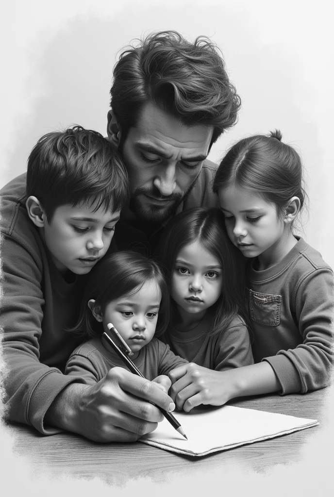 Man drawing his realistic family. black andwhite 