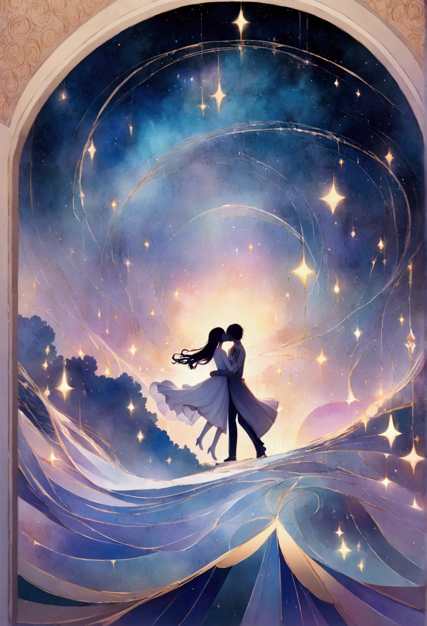 Create a dreamy and emotional 3D illustration that reflects a profound and eternal love transcending time and space. The scene centers around two figures, glowing softly, as they dance together in the vastness of a starry night sky, representing a love that exists 'beyond the universe.' The couple is surrounded by swirling galaxies and ethereal lights, with soft colors like deep blues, purples, and silvery whites dominating the scene. The background shows a distant sunset fading into the horizon, symbolizing the bittersweet separation yet an everlasting connection. In the foreground, a small detail captures a nostalgic moment—perhaps the faint outline of a heart or a subtle trace of a kiss on the wind. The overall mood is both melancholic and hopeful, conveying the idea of an 'infinite ending' where love endures in another dimension. The typography, if included, should be elegant and subtly integrated, reflecting the gentle, emotional tone of the illustration.