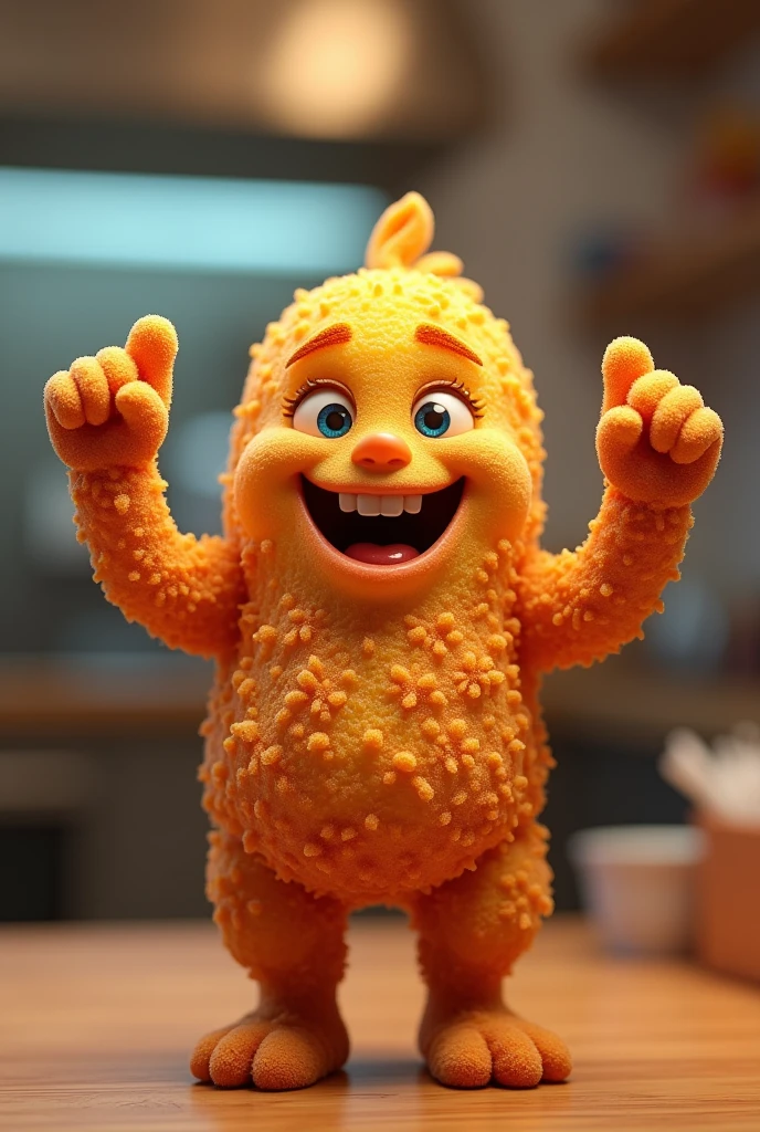 A chicken croquette, fried salty with arms and legs, Grinning, making a positive sign with your hands
