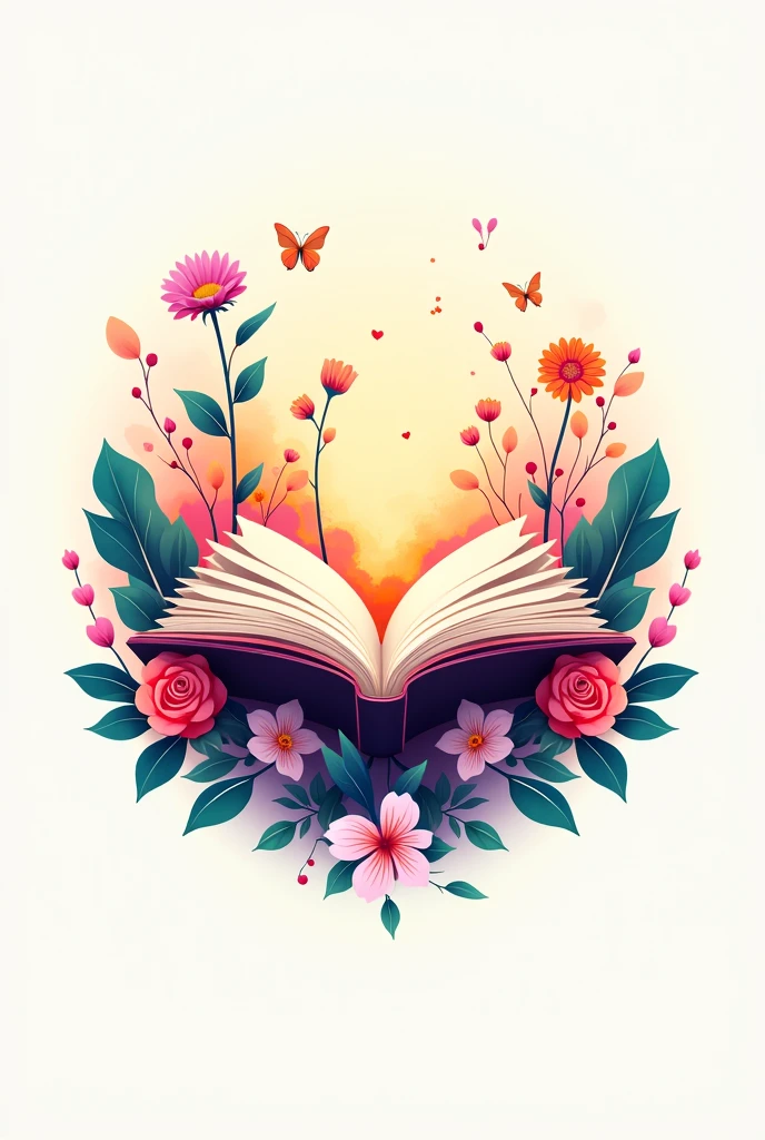 A colorful logo about creativity based on an open book, flowers, shapes, light colors, imagery...

