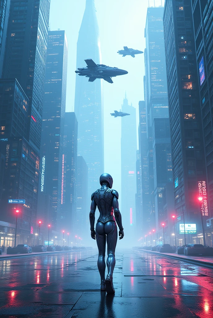 "A creative, futuristic scene featuring flying spaceships, humanoid figures, and high-tech skyscrapers. The scene depicts an advanced cityscape with sleek metallic buildings and bright neon lights. The spaceships hover among tall, illuminated structures with intricate designs and holographic displays. A humanoid figure in a robotic suit stands out, blending into the technologically rich environment. The scene is dynamic, using cool blue tones contrasted with vibrant highlights to emphasize the futuristic atmosphere. High-quality rendering with detailed textures, cinematic lighting, 3D effects, and 8K resolution for clarity, set against a clean white background for use as a cover design with dimensions of 2048 x 1152."