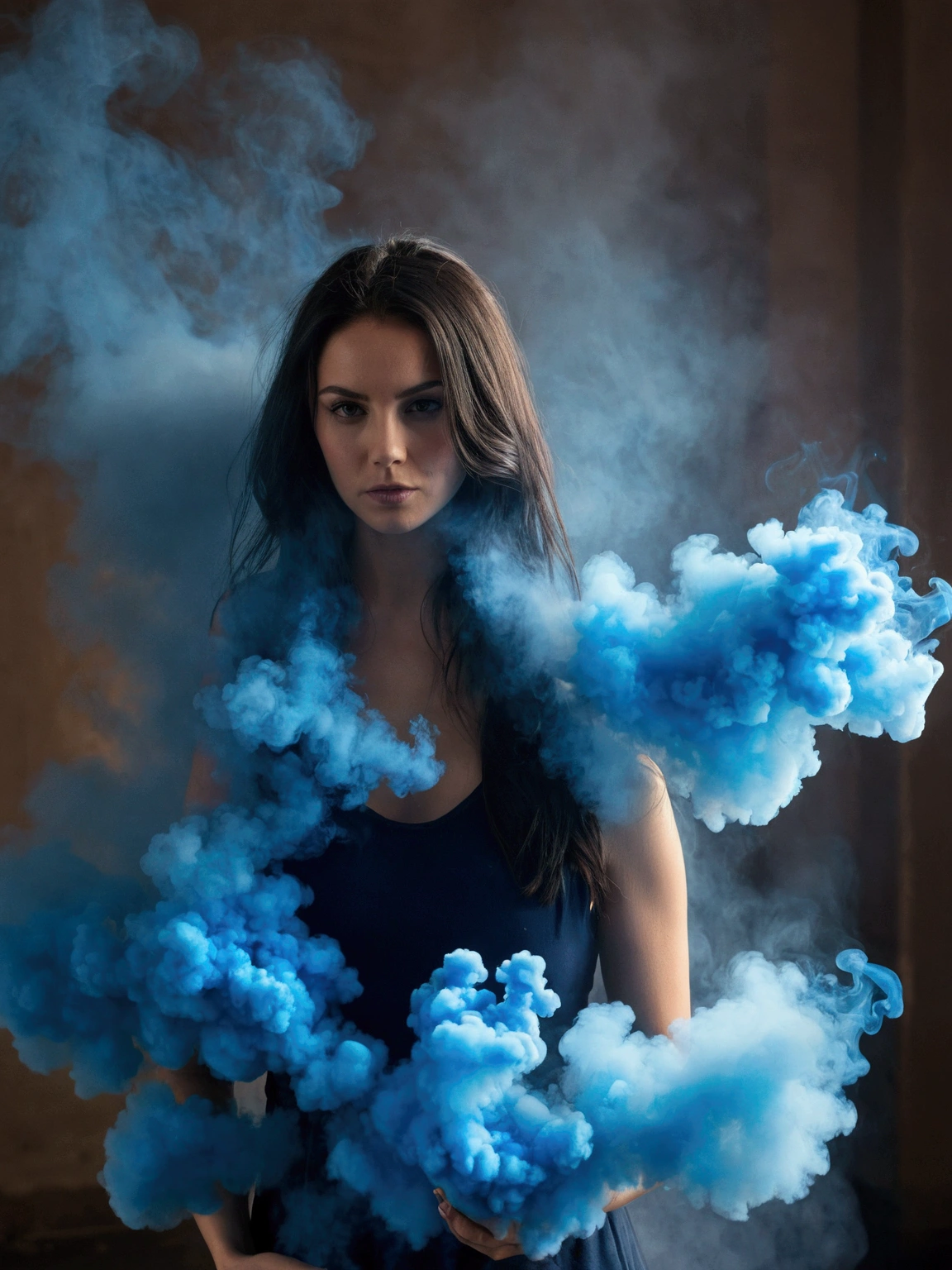 image of woman, room studio Photorealistic image of a young woman with dark hair. Behind a smoke bomb and surrounded by blue smoke. Image in a cinematic style with soft, warm light.
