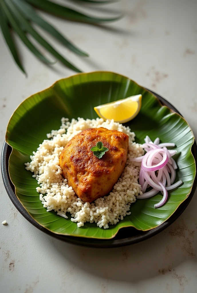 A plate where you have a product torn from the banana leaf with a portion of rice and a slice of lemon with onion salad on top
