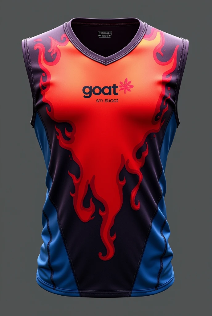 17:39:01 Sleeveless V-neck running t-shirt, Red with flame design , with small letters GOAT SM SPORT in black in the center part , on the sides blue for men
