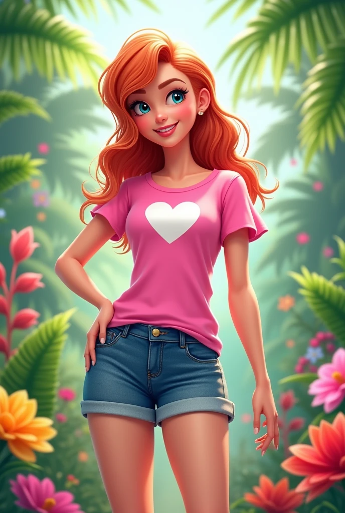 A Talking Angela de outfit7 em um jardim tropical exuberante, wearing a pink shirt with a white heart in the center, with denim shorts the harmonious beauty between your breasts and the natural flowers, showing off your natural charm and outgoing personality.