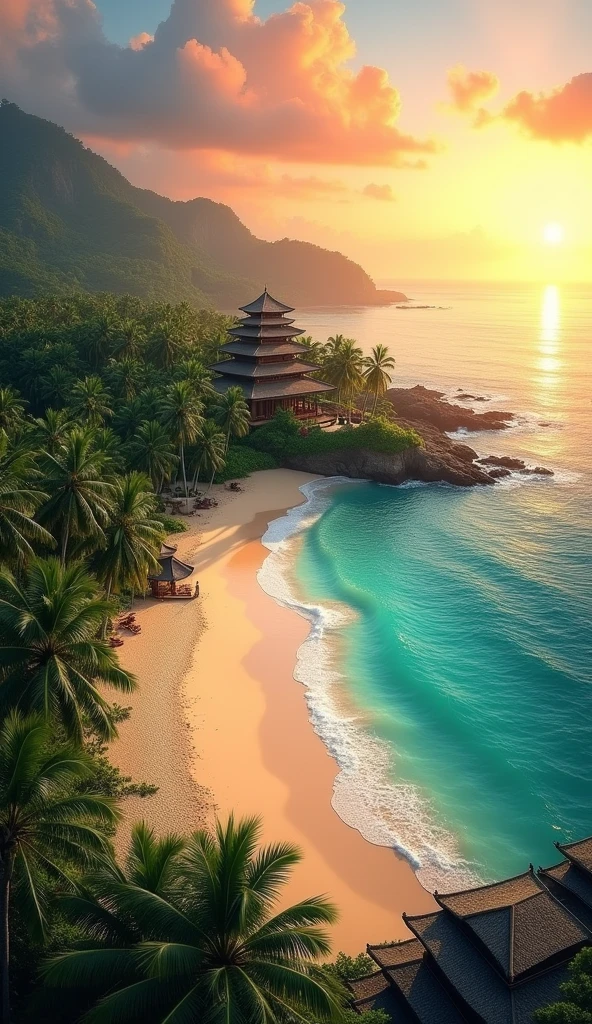 The scenery shows beautiful Balinese beaches, blue sea and sky, palm trees, and traditional Balinese architecture. The sun is setting and a warm orange glow surrounds the whole place."