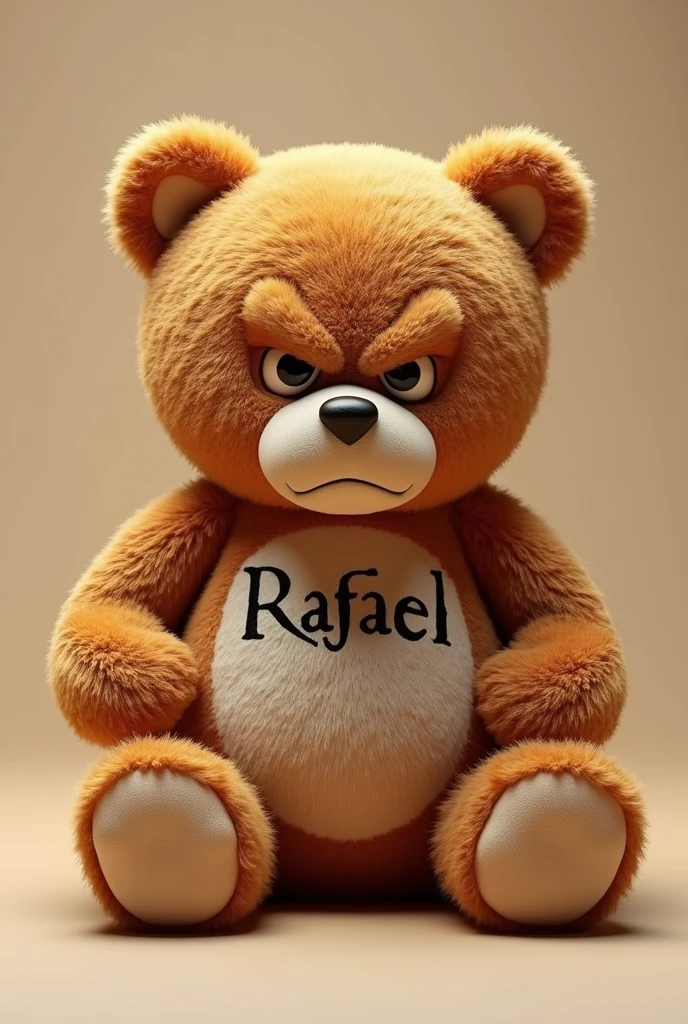 Make a realistic 4K image of an angry-looking teddy bear with the name Rafael printed on it