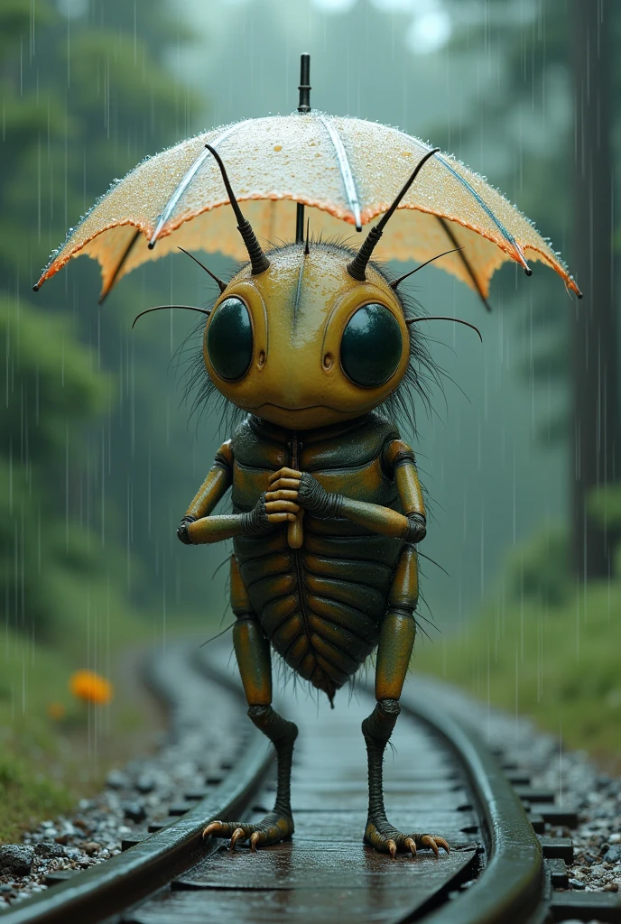 Create a humanoid beetle that has hair and it will be holding an umbrella, in the raining scene in the middle of the track