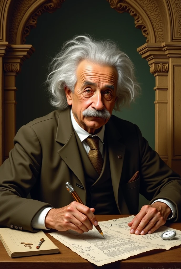 a renaissance style painting of a portrait of Einstein while doing some math problem