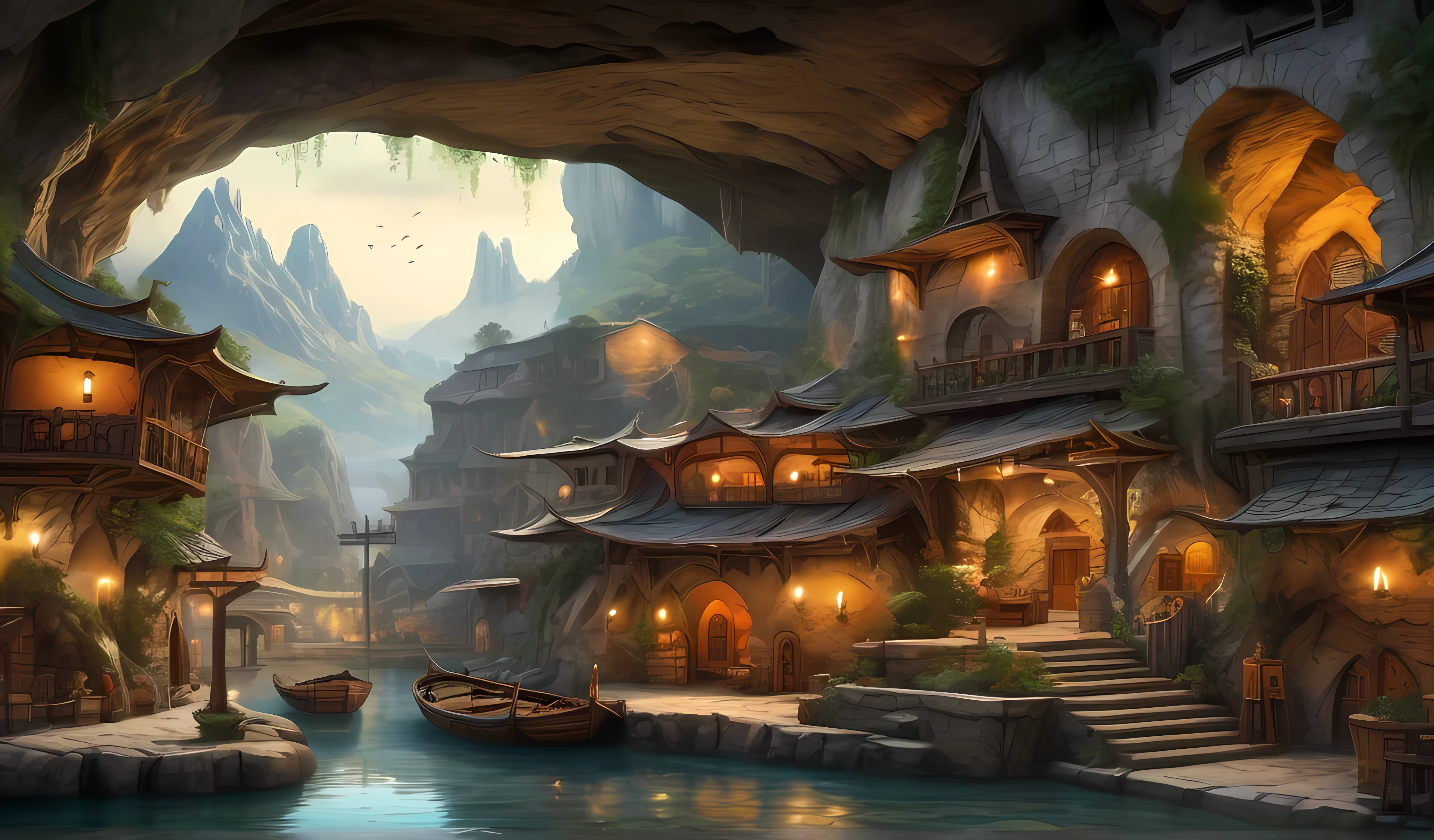 panoramic view painting of a river with a boat and a cave in the background, beautiful fantasy cave scene, medieval fantasy town, fantasy town setting, beautiful render medieval village, highly detailed fantasy art, 4k fantasy art, detailed fantasy digital art