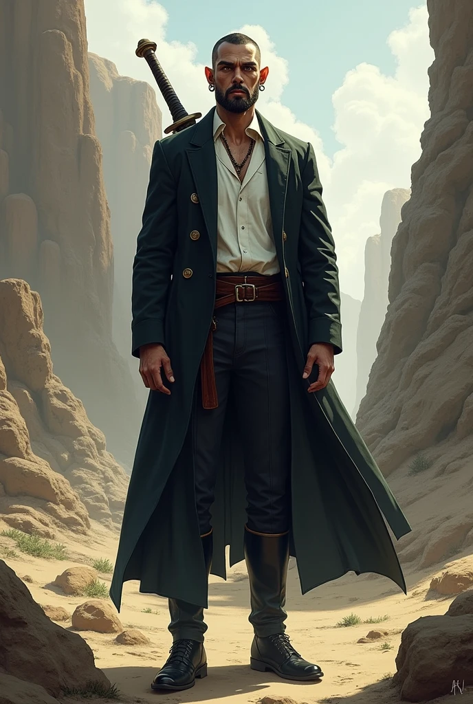 He is a tall indigenous man, 2 meters tall, with short dark hair and a smooth, beardless face. His eyes are wolf-like and one of them is closed with pointed ears with earrings. He wears a dark black overcoat with a white shirt underneath in a formal style with simple formal pants and has a strong physique. A large sword is strapped to his back. I would like the art in a fantasy RPG style. In the Old West