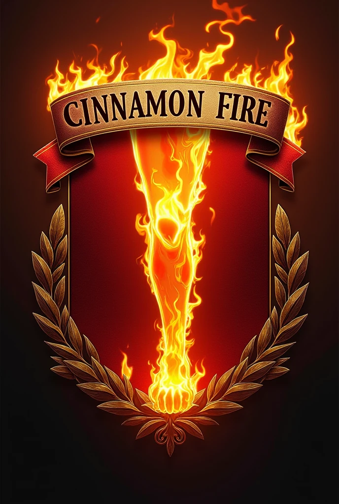 Create a coat of arms as if it were a football team that has the same name "cinnamon fire". Bote uma perna inteira pegando fogo in the coat of arms, only one leg. Also put the name " cinnamon fire" in the coat of arms.