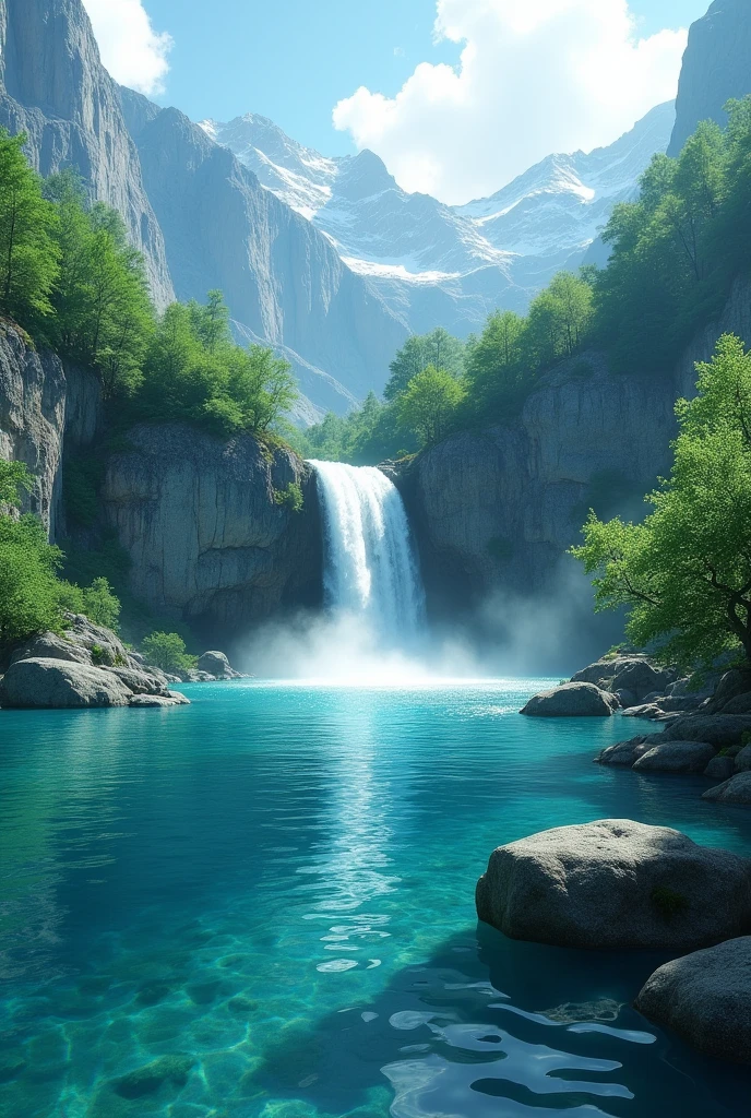 landscape waterfalls, lake clear and transparent waters
