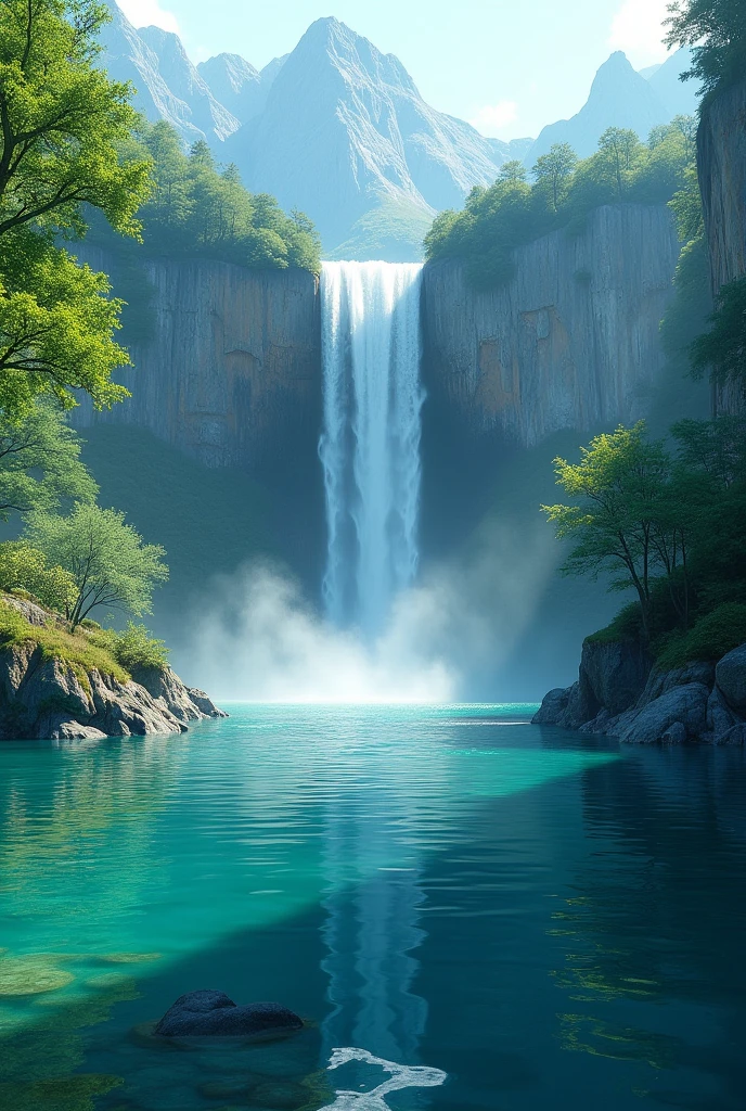 landscape waterfalls, lake clear and transparent waters