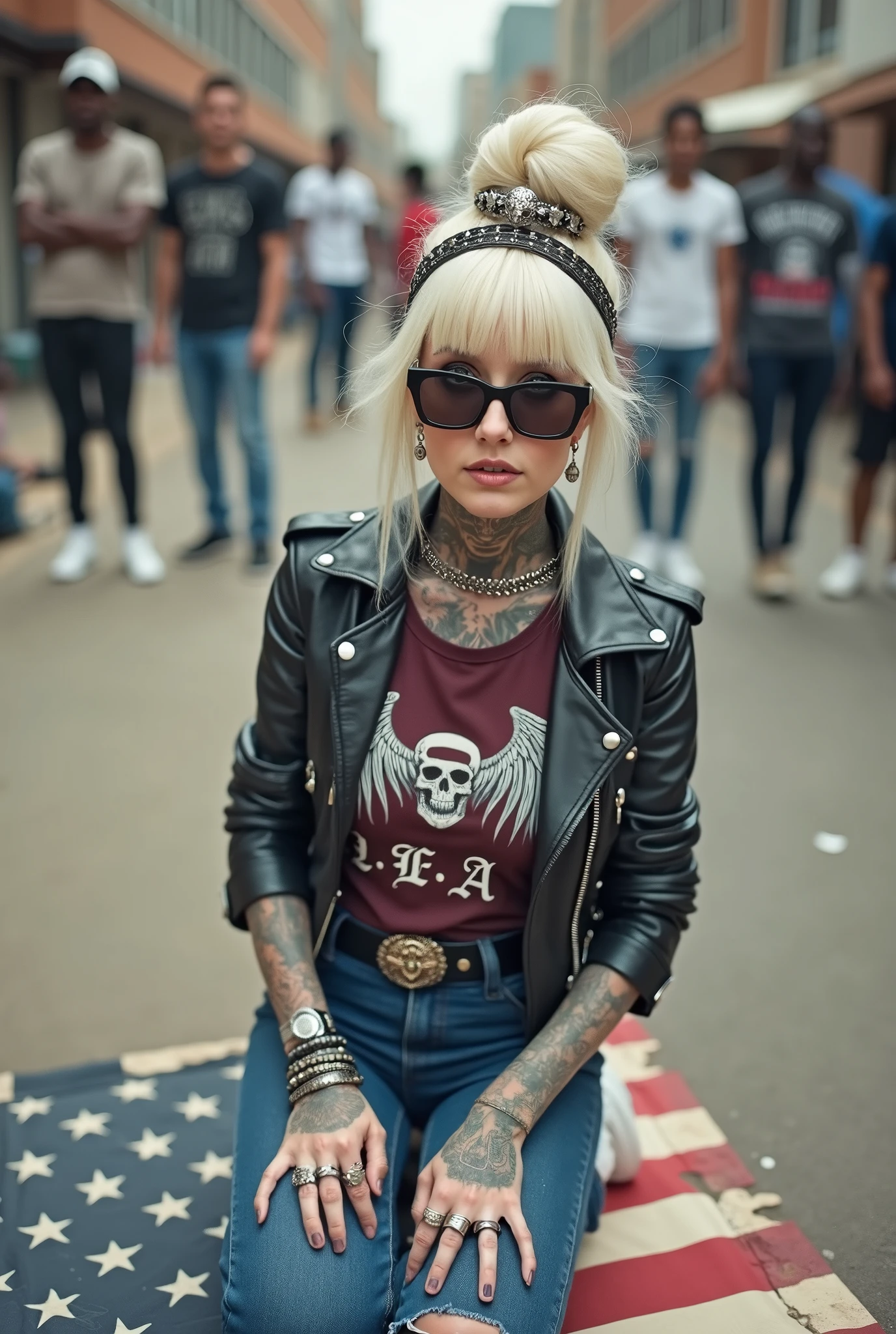 russian old milf woman, , blonde platinum hair (beehive bun) and oversized square sunglasses as headband), with very light green eyes, extremely pale. Wearing studded, padded shoulders, cropped black moto jacket (zippers on the side. dark burgundy push up t-shirt with skull and wings logo and gothic lettering,, dark skinny low rise blue jeans with holes on knees .White tennis sneakers. Lots of thick wide studded bracelets, chain collars and big rings. Tacky wide studded leather belt, with big skull and bones round buckle. Long earrings with chains. Kneeling on a large ragged usa flag, looking at the photographer. Craving, sensual face. Hands on knees. Looking at the camera, Toned abdominals, thin neck, slim legs and thin arms. Neck, chest, belly, hands and arms completely tattoed. Street of Nairobi, crowded with standing people