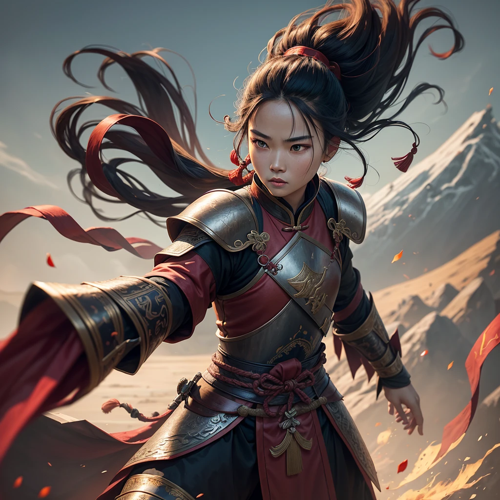 Youngh, Chinese warrior, Chinese culture, with bows in their hands, Training, style game of thrones, medieval chinese, long hair tied, feminist, black armor with red details, Fullbody, female, (((Youngh))).