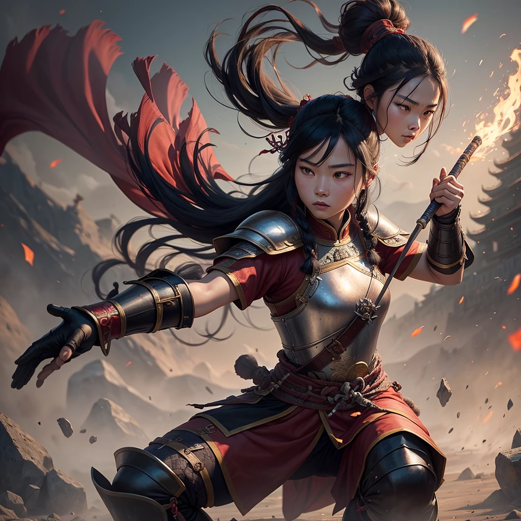 Youngh, Chinese warrior, Chinese culture, with bows in their hands, Training, style game of thrones, medieval chinese, long hair tied, feminist, black armor with red details, Fullbody, female, (((Youngh))).