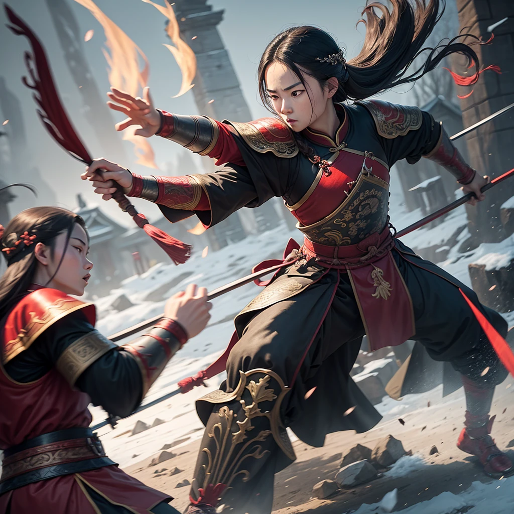 Youngh, Chinese warrior, Chinese culture, with bows in their hands, Training, style game of thrones, medieval chinese, long hair tied, feminist, black armor with red details, Fullbody, female, (((Youngh))).