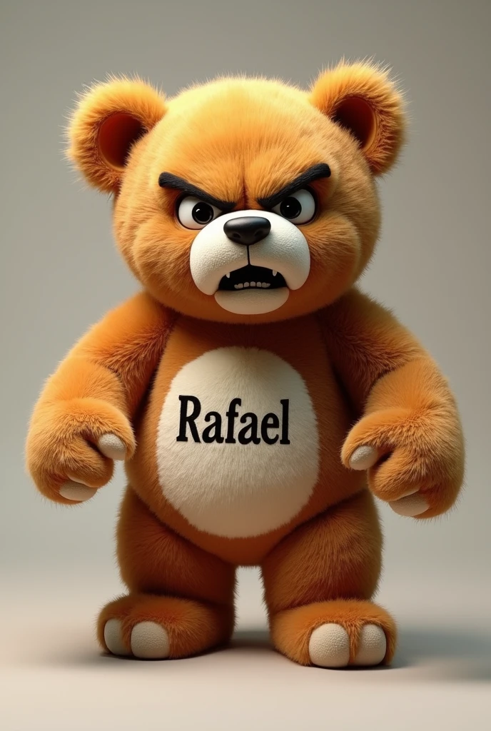 Make a realistic 4K image of an angry-looking teddy bear with the name Rafael printed on it
