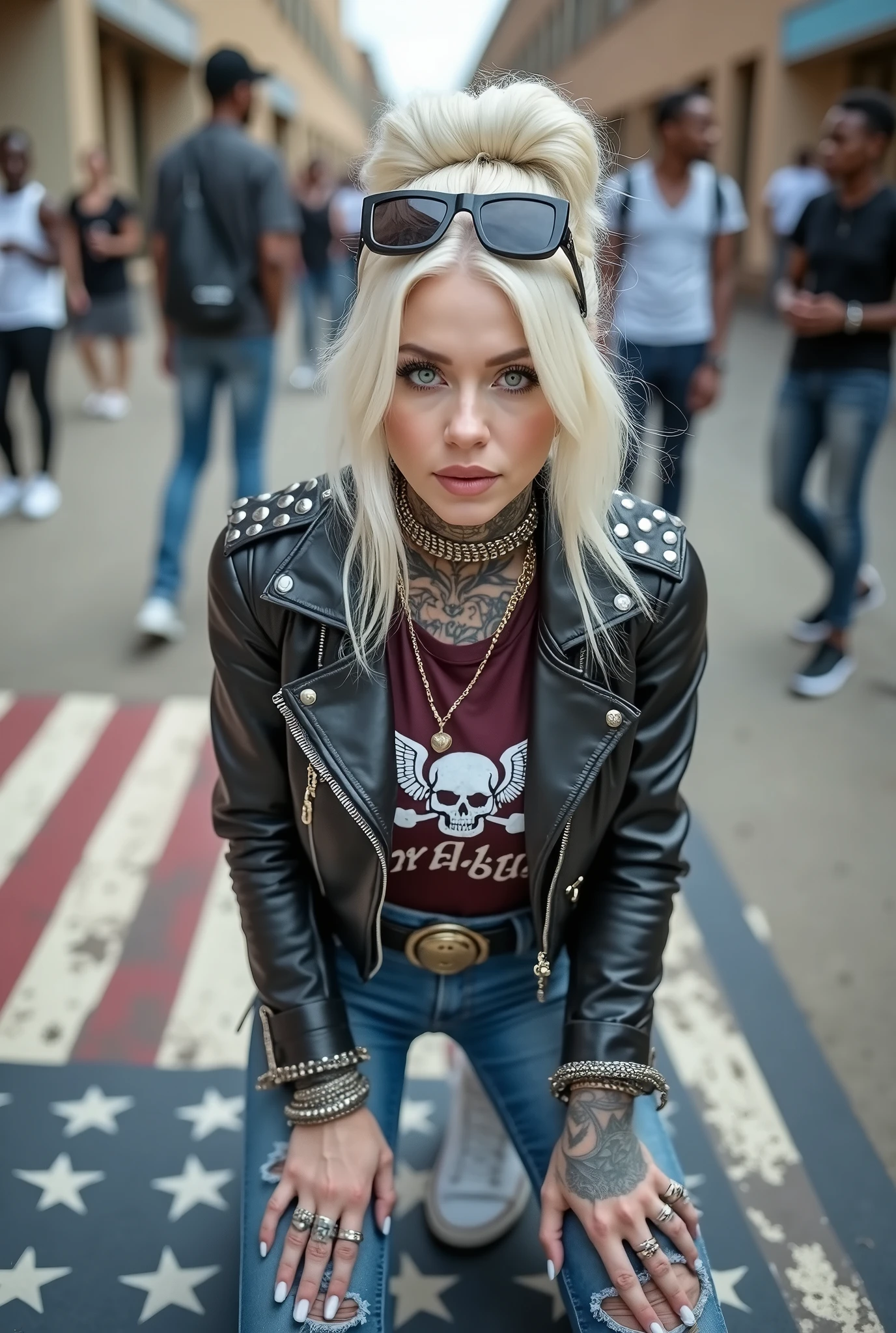 russian old milf woman, , blonde platinum hair (beehive bun) and oversized square sunglasses as headband), with very light green eyes, extremely pale. Wearing studded, padded shoulders,  cropped black moto jacket (zippers on the side. dark burgundy push up t-shirt with skull and wings logo and gothic lettering,, dark skinny low rise blue jeans with holes on knees .White tennis sneakers. Lots of thick wide studded  bracelets, chain collars and big rings. Tacky wide studded leather belt, with big skull and bones round buckle. Long earrings with chains. Kneeling on a large ragged usa flag, looking at the photographer. Craving, sensual face. Hands on knees. Looking at the camera, Toned abdominals, thin neck, slim legs and thin arms. Neck, chest, belly, hands and arms completely tattoed. Street of Nairobi, crowded with standing people