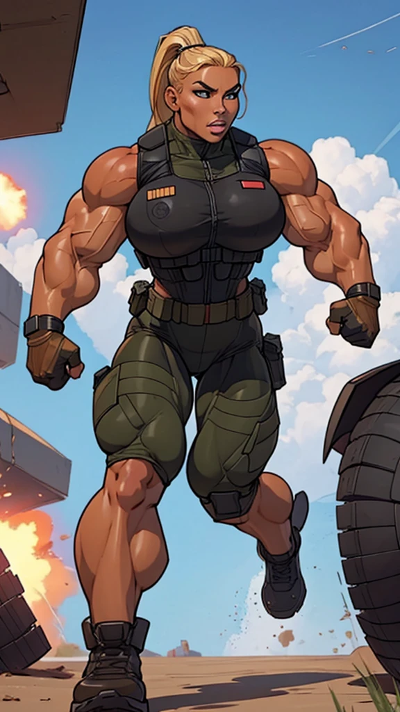 1girl, super soldier girl, coloured sketch, beautiful woman, ponytail hair, extremely tanned, wearing special forces military suit, tactical vest, strong well defined muscle, bulky powerful bodybuilder physique, great muscle definition, perfect muscular body, massive muscular thighs, perfect round fake breasts, running in the mid of the battle, explosions,