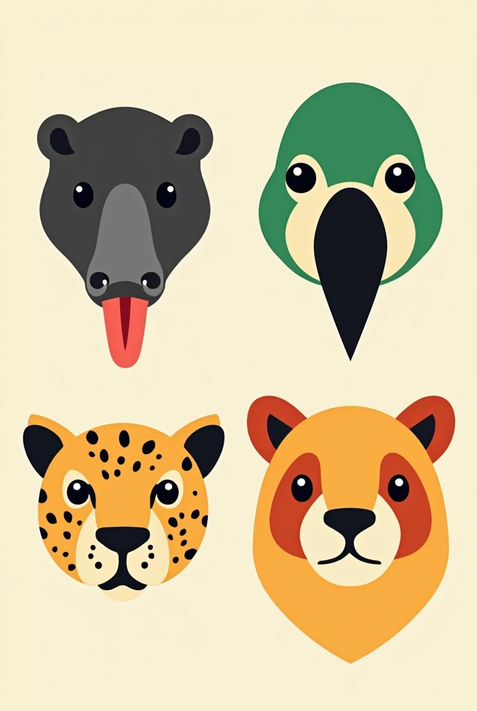 I want 4 very simple 2D colored drawings of an anteater&#39;s face, a parrot face, a jaguar face and a sloth face. the parrot needs to be green and the anteater needs to have a tongue 
