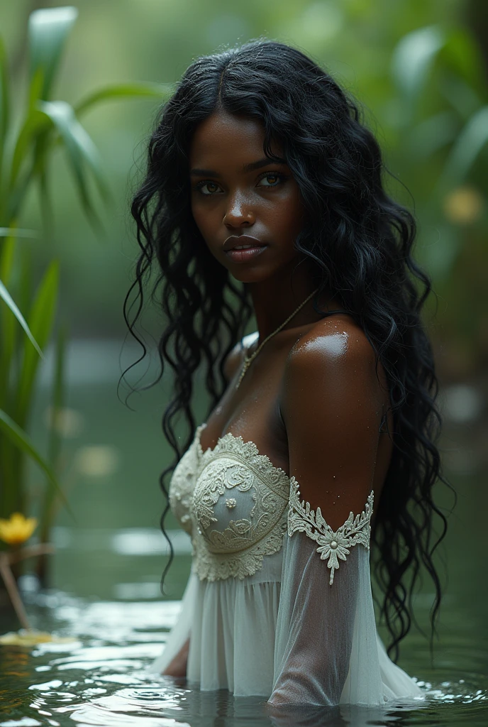 I need the image of a black-skinned Naiad or river nymph wearing a white colonial dress.