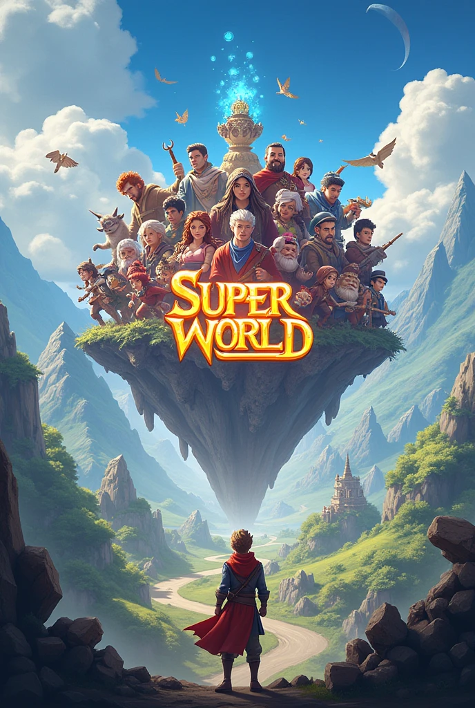 Create the home screen for an open world RPG game, called SUPER WORLD with the game name in the middle, This game is online, in the image put several characters
