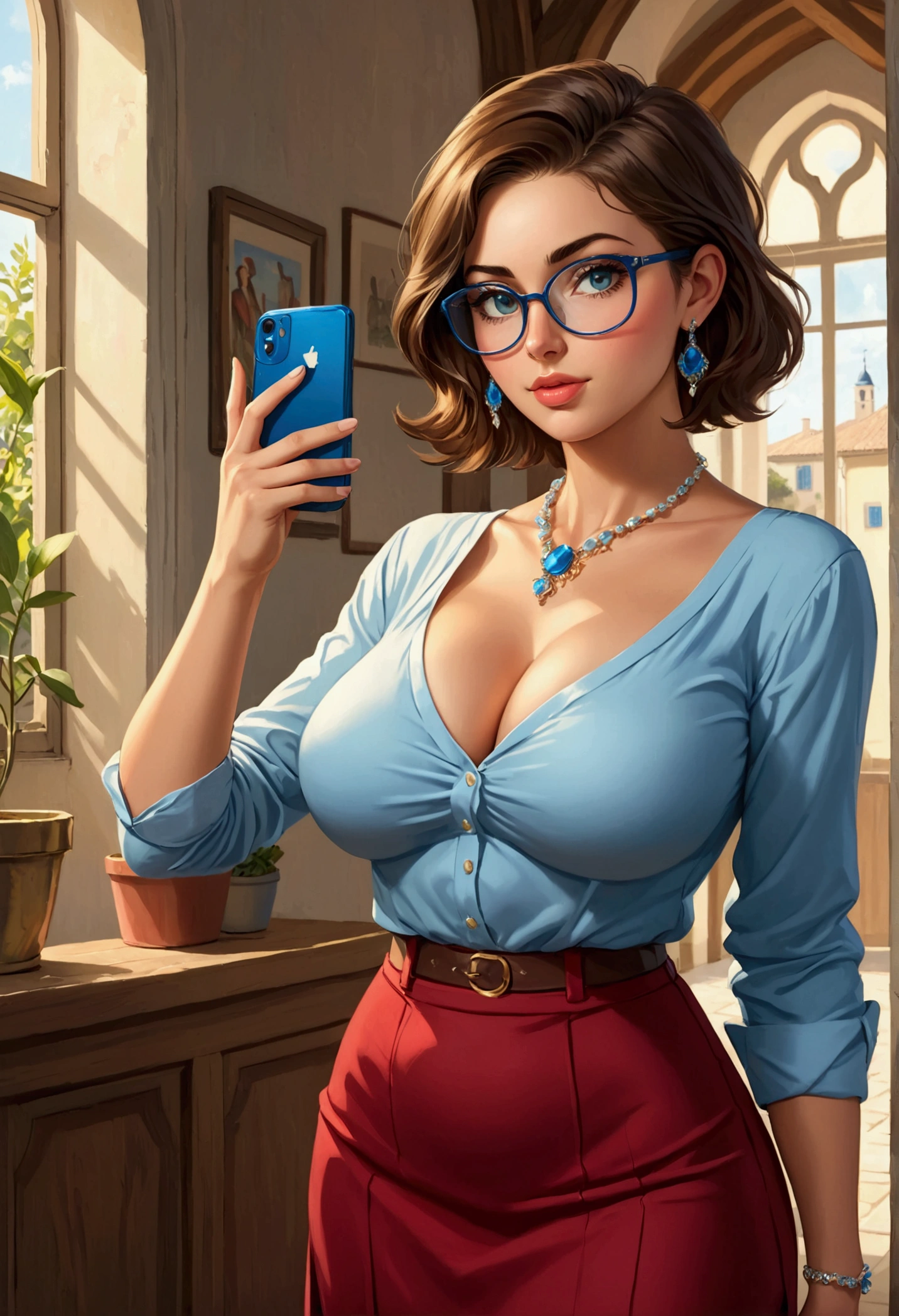20 years old woman, Short brown hair, Mediterranean with blue eyes, Generous and heavy breasts, slender waist, estomac defini, fesses rebondies et pulpeuses, naturally curved, muscular thighs, aguicheuse,  , in long skirt and blouse, lunettes, queue de cheval, neckleace, earrings, plunging neckline, Selfie, flirtant avec un homme 