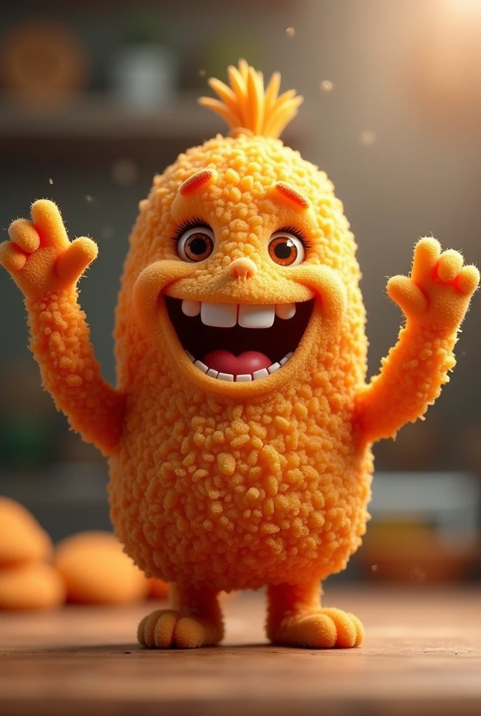 A chicken croquette, fried salty with arms and legs, Grinning, making a positive sign with your hands