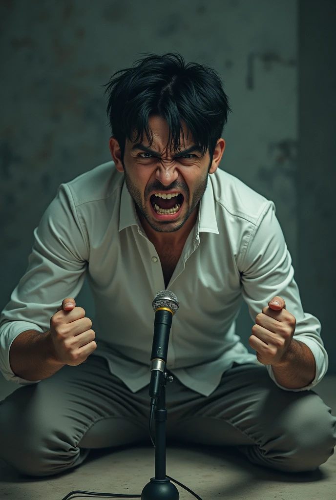 1 men, bonitas, white  shirt, Bblack hair, Blonde pupils, sitting on the floor, clenched teeth, fists, half: 1.2, anger: 1.2, tears, Surrealism, looking left, speaking microphone 