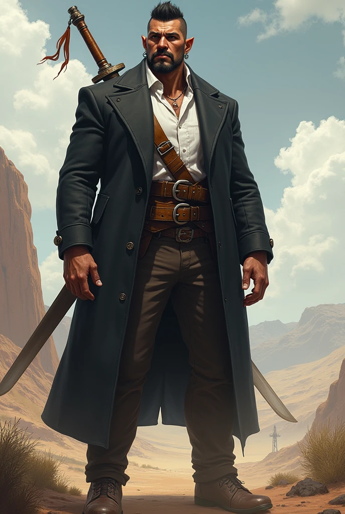 He is a tall indigenous man, 2 meters tall, with a square face and short dark hair and a beardless face. His eyes are wolf-like and one of them is closed with pointy ears with earrings. He wears a dark black overcoat with a white shirt underneath in the style of formal wear with simple formal pants and has a strong physique. A large sword is strapped to his back. I would like the art in a fantasy RPG style. In the Old West