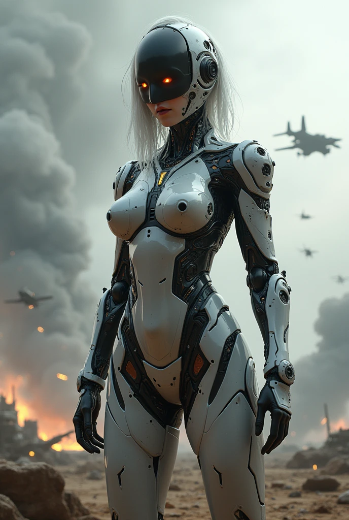 cyborg girl, standing in battle field,