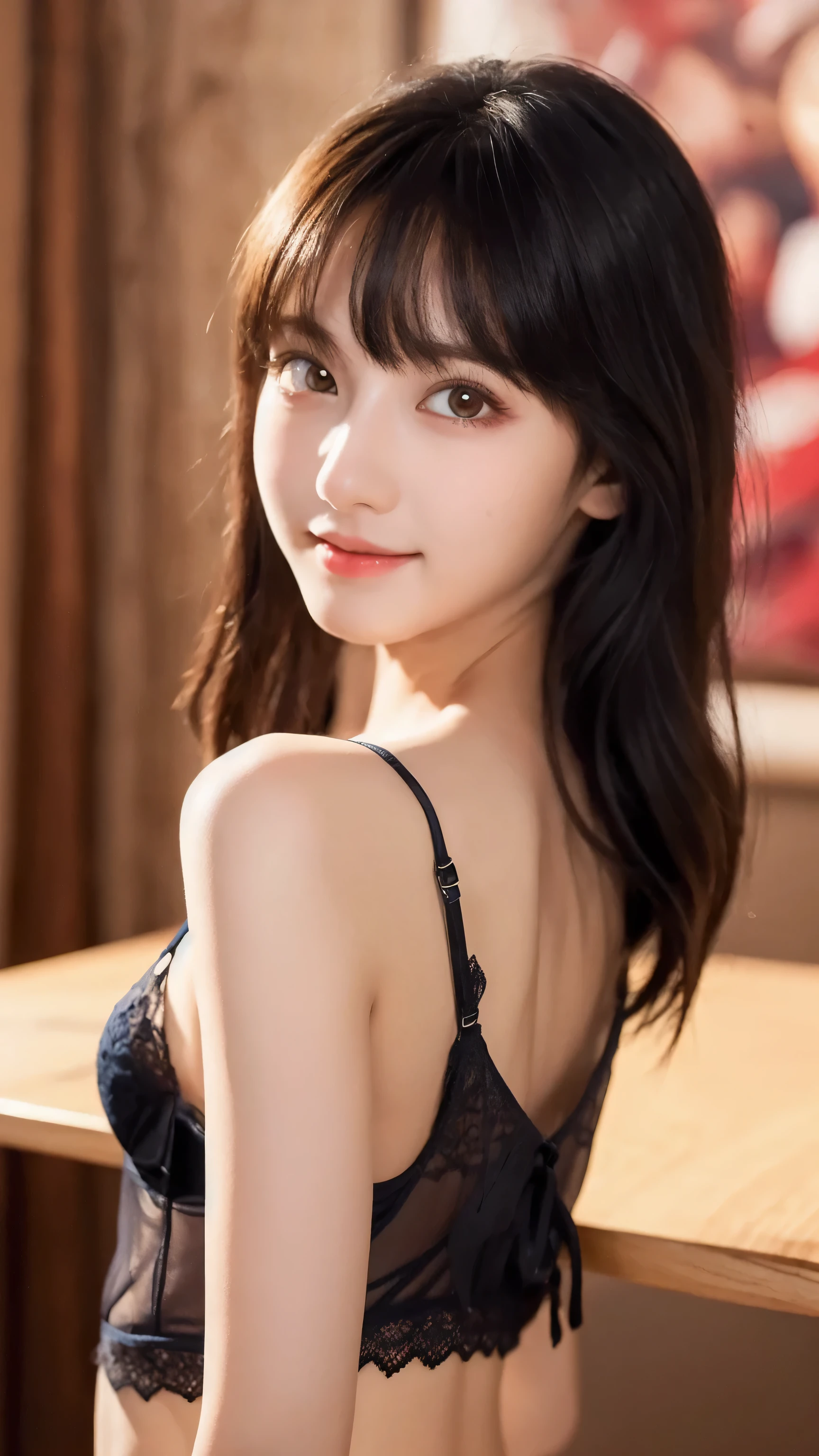 (8k, RAW Photo, Best Quality, Masterpiece:1.2), table top, Ultra Detail, Super Resolution, (Realistic, Realistic Photo:1.37), Portrait, High Detail RAW Color Photo, Professional Photo, Extremely Detailed and Beautiful, Extremely detailed, 8k wallpaper, amazing and detailed, huge file size, official art, highly detailed CG unity 8k wallpaper, highly detailed beautiful girl, highly detailed face, highly detailed eyes, highly detailed skin, highly detailed fingers, highly detailed nose, very detailed detailed mouth , perfect anatomy, highly detailed background, highly detailed clothes, 1girl, 17 year old girl, cute girl, realistic body, fair skin, glowing skin , slim body, handsome body, black hair , semilong hair, (blunt bangs:1.2), smile, cute, youthful, cute face, realistic face, delicate eyes, drooping eyes, looking at viewer, facing front, standing posture, Contraposto, dynamic lighting, (medium chest), (Perfect Body Proportions), (slender Body Proportions), (bedroom), super sexy pose, ((colorful lingerie)), 
