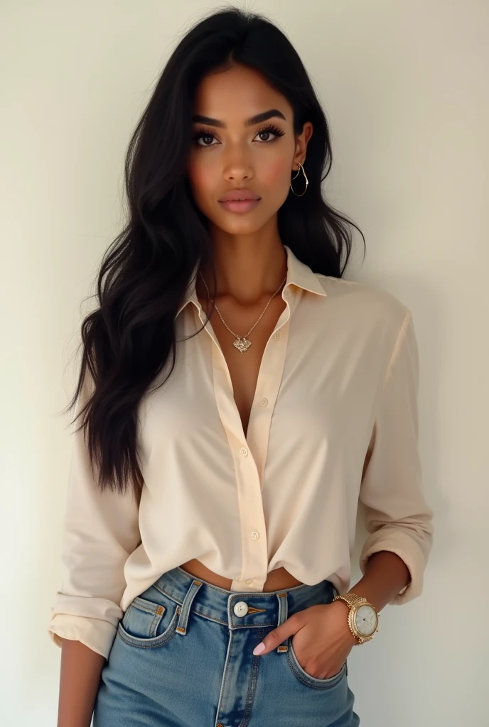 A realistic image of a 20 year old young woman with dark skin and long straight black hair. She is a modern influencer, with a casual and sophisticated style. Your eyes are expressive, with well-defined eyebrows and subtle makeup that enhances your natural beauty. She is dressed in a contemporary look, like a light fabric blouse, high waisted jeans and modern accessories, like small earrings and a stylish watch. The young woman exudes confidence and charisma, typical of a digital influencer who attracts followers with her style and presence."