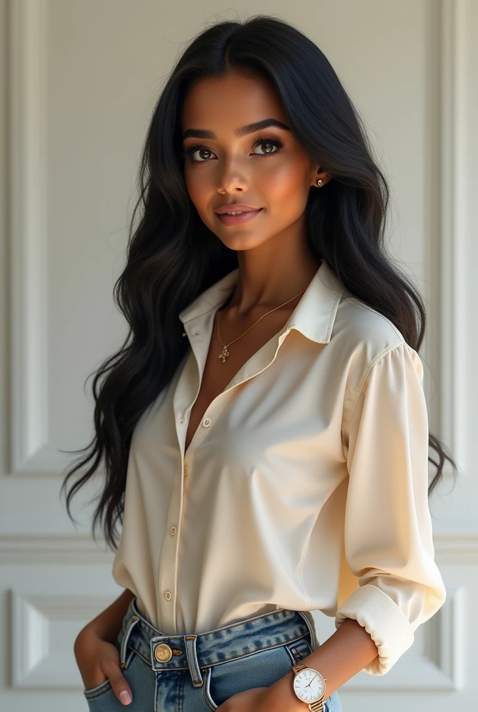 A realistic image of a 20 year old young woman with dark skin and long straight black hair. She is a modern influencer, with a casual and sophisticated style. Your eyes are expressive, with well-defined eyebrows and subtle makeup that enhances your natural beauty. She is dressed in a contemporary look, like a light fabric blouse, high waisted jeans and modern accessories, like small earrings and a stylish watch. The young woman exudes confidence and charisma, typical of a digital influencer who attracts followers with her style and presence."