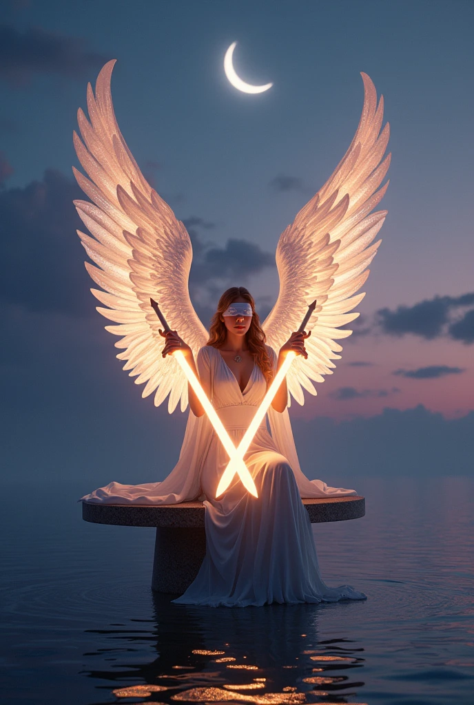 Create a breathtaking, hyperrealistic image for the 'Two of Lights' card in the Lumen Angelis Tarot deck, inspired by the Rider-Waite's Two of Swords. The central figure is a majestic angel, seated gracefully on a stone bench that appears to float above a serene, twilight ocean. This angel is blindfolded, symbolizing inner reflection and impartiality. Its wings are grand and spread wide, shimmering with iridescent light, reflecting the soft glow of the crescent moon hanging high in the sky.
In each of the angel’s hands, it holds a long, radiant beam of light, crossed at the center, symbolizing the duality and choices it faces. These beams of light resemble ethereal swords, glowing with a soft but intense luminescence. The angel’s robes are intricately detailed, flowing in the wind as if they are made of the very light it wields, with subtle patterns of stars and celestial symbols woven into the fabric.
The background is rich with detail: the calm sea reflects the angel’s light, and the sky is a gradient of deep purples and blues, punctuated by wisps of clouds. The moonlight casts a gentle glow on the scene, enhancing the divine atmosphere. The overall image should convey a sense of quiet strength, balance, and the serene yet charged moment of decision, embodying the timeless symbolism of the original Rider-Waite card but elevated with celestial, angelic imagery.