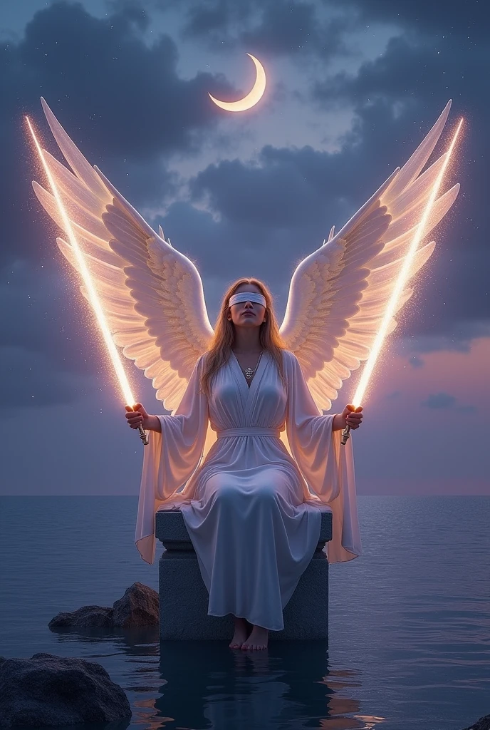 Create a breathtaking, hyperrealistic image for the 'Two of Lights' card in the Lumen Angelis Tarot deck, inspired by the Rider-Waite's Two of Swords. The central figure is a majestic angel, seated gracefully on a stone bench that appears to float above a serene, twilight ocean. This angel is blindfolded, symbolizing inner reflection and impartiality. Its wings are grand and spread wide, shimmering with iridescent light, reflecting the soft glow of the crescent moon hanging high in the sky.

In each of the angel’s hands, it holds a long, radiant beam of light, crossed at the center, symbolizing the duality and choices it faces. These beams of light resemble ethereal swords, glowing with a soft but intense luminescence. The angel’s robes are intricately detailed, flowing in the wind as if they are made of the very light it wields, with subtle patterns of stars and celestial symbols woven into the fabric.

The background is rich with detail: the calm sea reflects the angel’s light, and the sky is a gradient of deep purples and blues, punctuated by wisps of clouds. The moonlight casts a gentle glow on the scene, enhancing the divine atmosphere. The overall image should convey a sense of quiet strength, balance, and the serene yet charged moment of decision, embodying the timeless symbolism of the original Rider-Waite card but elevated with celestial, angelic imagery.