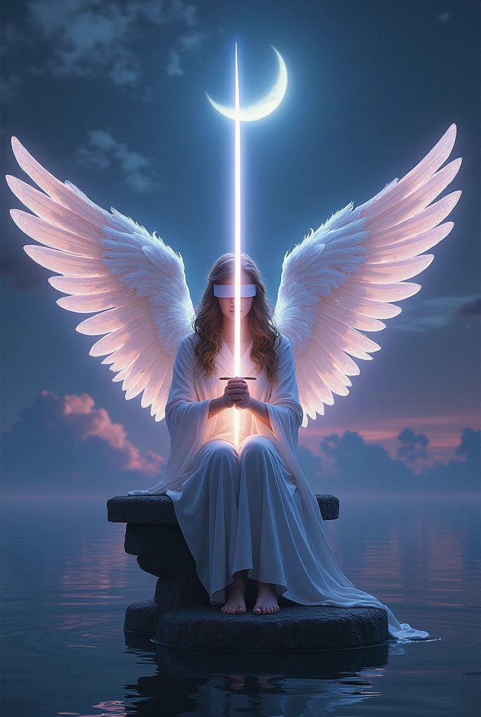 Create a breathtaking, hyperrealistic image for the 'Two of Lights' card in the Lumen Angelis Tarot deck, inspired by the Rider-Waite's Two of Swords. The central figure is a majestic angel, seated gracefully on a stone bench that appears to float above a serene, twilight ocean. This angel is blindfolded, symbolizing inner reflection and impartiality. Its wings are grand and spread wide, shimmering with iridescent light, reflecting the soft glow of the crescent moon hanging high in the sky.

In each of the angel’s hands, it holds a long, radiant beam of light, crossed at the center, symbolizing the duality and choices it faces. These beams of light resemble ethereal swords, glowing with a soft but intense luminescence. The angel’s robes are intricately detailed, flowing in the wind as if they are made of the very light it wields, with subtle patterns of stars and celestial symbols woven into the fabric.

The background is rich with detail: the calm sea reflects the angel’s light, and the sky is a gradient of deep purples and blues, punctuated by wisps of clouds. The moonlight casts a gentle glow on the scene, enhancing the divine atmosphere. The overall image should convey a sense of quiet strength, balance, and the serene yet charged moment of decision, embodying the timeless symbolism of the original Rider-Waite card but elevated with celestial, angelic imagery.