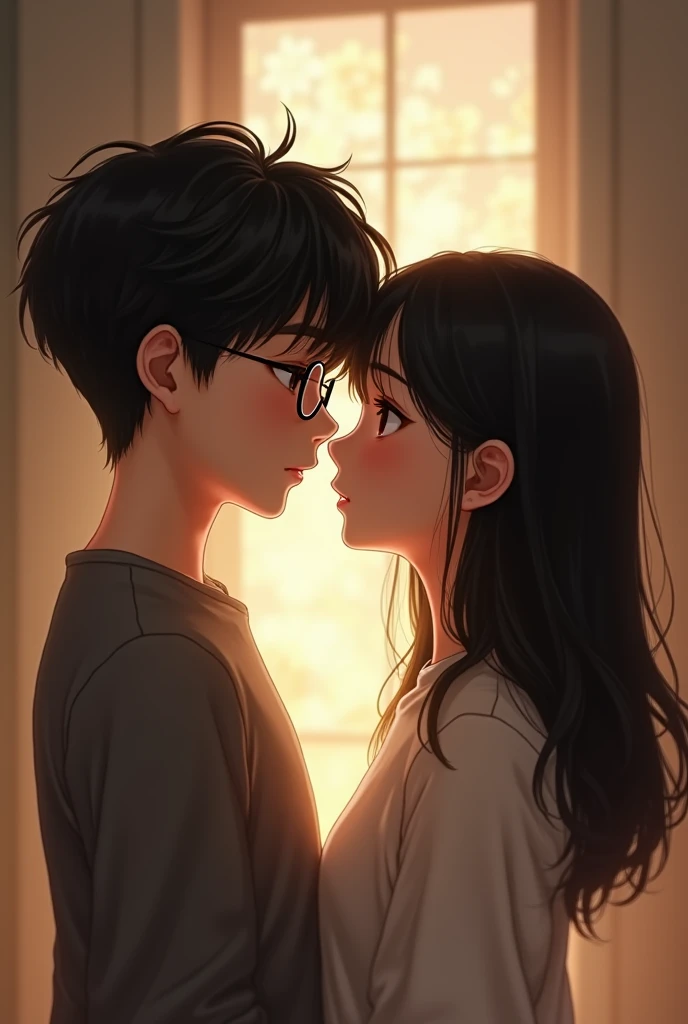 a couple, A boy with black hair, black eyes and glasses and the girl with shoulder-length black hair, with brown eyes