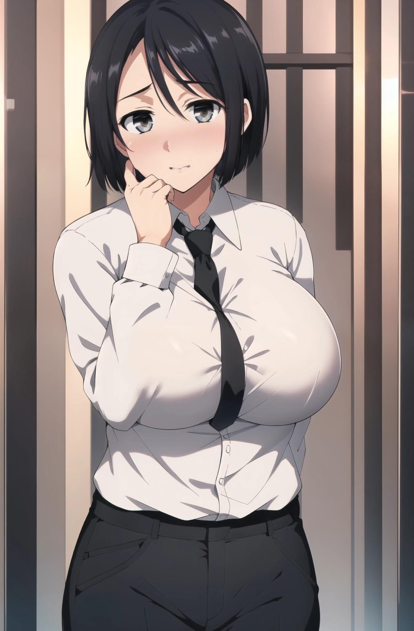  sexy body, (thick), , 1girl, standing, black hair, short hair, bangs, MAKIMA, ((white shirt)), long sleeves, necktie, stare, shy, blush, , black eyes, black necktie, hands over head, cowboy shot, huge breasts, outdoors, black pant, (MAaster piece: 1.0), (best_quality: 1.0), ultra high resolution, 4K, ultra detailed, photography, 8K, HDR,