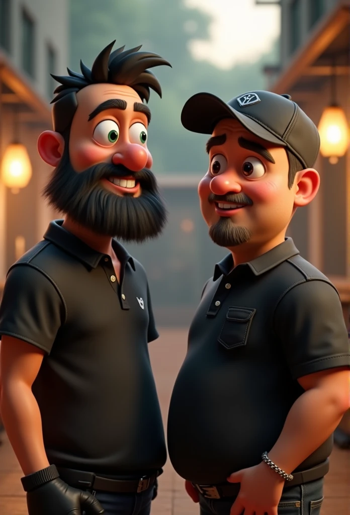 Short beard two Cartoon characters, one of the green eyes character, medium beard, black polo shirt, Black cap, black gloves, outro personagem careca de Black cap, black polo shirt, black beard, black gloves, big beard and brown eyes cartoon character, stylized character, animation style rendering, 3d stylized, Arnold Maya rendering, Stylized 3D rendering, toon render screenshot, 3d character, 3d character, Stylized 3D rendering, 3D character rendering, cartoon character, Personagem de close up, character posing, (Pixar-style) (master part:1.2) (bokeh) (best quality) (skin detailed) (detailed texture) (8k) (Argilla) (cinematic lighting) (sharp focus with 28 years of ideade