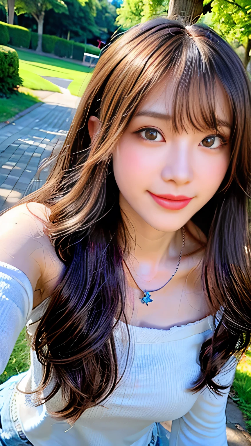 seed;2372725988,((Full Body Angle))、((Front hair:1.3))、((Highest quality, 8k, masterpiece: 1.3)), concentrated: 1.2, Cute 1,Nipples erect、 Perfect beauty: 1.4,Summer off-the-shoulder cropped T-shirt、Letter Print、Shorts: 1.2,Long sleeve、Randall Color、comics＆Text Graphics、Black ruffle-trimmed drawstring zip blouse,1.1, Highly detailed face and skin textures, Fine grain, double eyelid, whitening skin, ,Highest quality,Ultra-high resolution,you,1 person,alone,_Shiny_skin,Iris,necklace,((brown_length_Wavy_hair)),(lips)),eyelash,Front hair,deal with,compensate,Shiny,pore,skin,Large Breasts、((Smile))、Walking in the park、Selfie、((close-up))