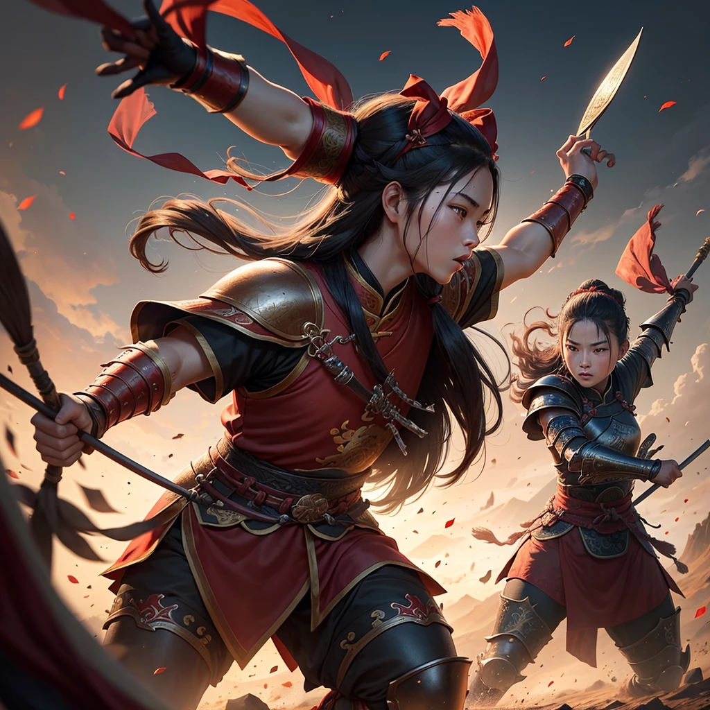 Youngh, Chinese warrior, Chinese culture, with bows in their hands, Training, style game of thrones, medieval chinese, long hair tied, feminist, black armor with red details, Fullbody, female, (((Youngh))).